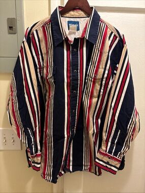 Wrangler Western shirts Men's Navy Red Cream Stripe Button-Down Shirt size XXL